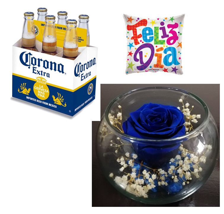 Rosa Preservada en Pecera, Cerveza Corona y globito